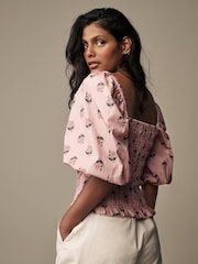 Laura Ashley Pink Swerford Floral Puff Sleeve Shirred Bardot Top - Image 4 of 4