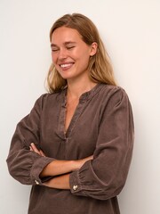 Kaffe Lina Long Sleeve Corduroy Brown Dress - Image 4 of 6
