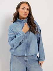 Yours Curve Blue Denim Funnel Neck Bomber Jacket - Image 1 of 6
