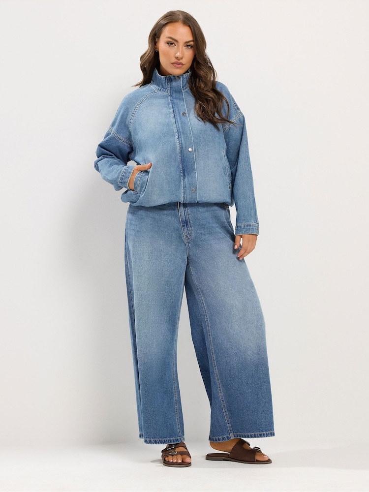 Yours Curve Blue Denim Funnel Neck Bomber Jacket - Image 2 of 6 Yours Curve Blue Denim Funnel Neck Bomber Jacket - Image 2 of 6