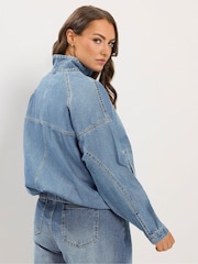 Yours Curve Blue Denim Funnel Neck Bomber Jacket - Image 3 of 6