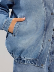 Yours Curve Blue Denim Funnel Neck Bomber Jacket - Image 4 of 6