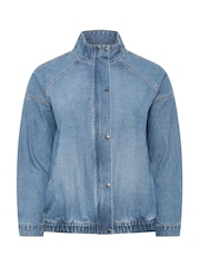 Yours Curve Blue Denim Funnel Neck Bomber Jacket - Image 5 of 6