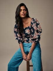 Laura Ashley Navy Tuttington Floral Puff Sleeve Shirred Bardot Top - Image 1 of 4