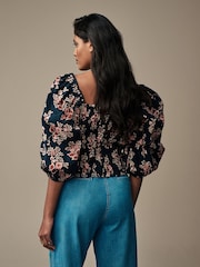 Laura Ashley Navy Tuttington Floral Puff Sleeve Shirred Bardot Top - Image 2 of 4