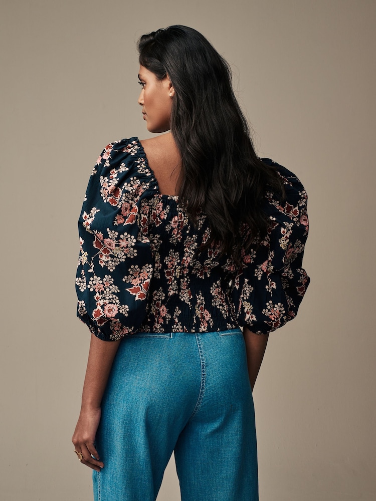 Laura Ashley Navy Tuttington Floral Puff Sleeve Shirred Bardot Top - Image 2 of 4