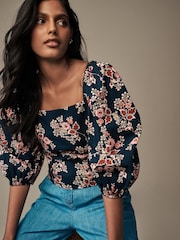 Laura Ashley Navy Tuttington Floral Puff Sleeve Shirred Bardot Top - Image 3 of 4