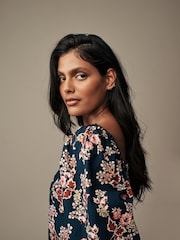 Laura Ashley Navy Tuttington Floral Puff Sleeve Shirred Bardot Top - Image 4 of 4