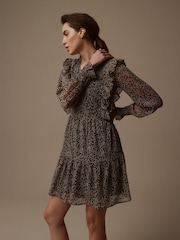 Laura Ashley Black Morston Ditsy Chiffon Frill Mini Dress - Image 4 of 6