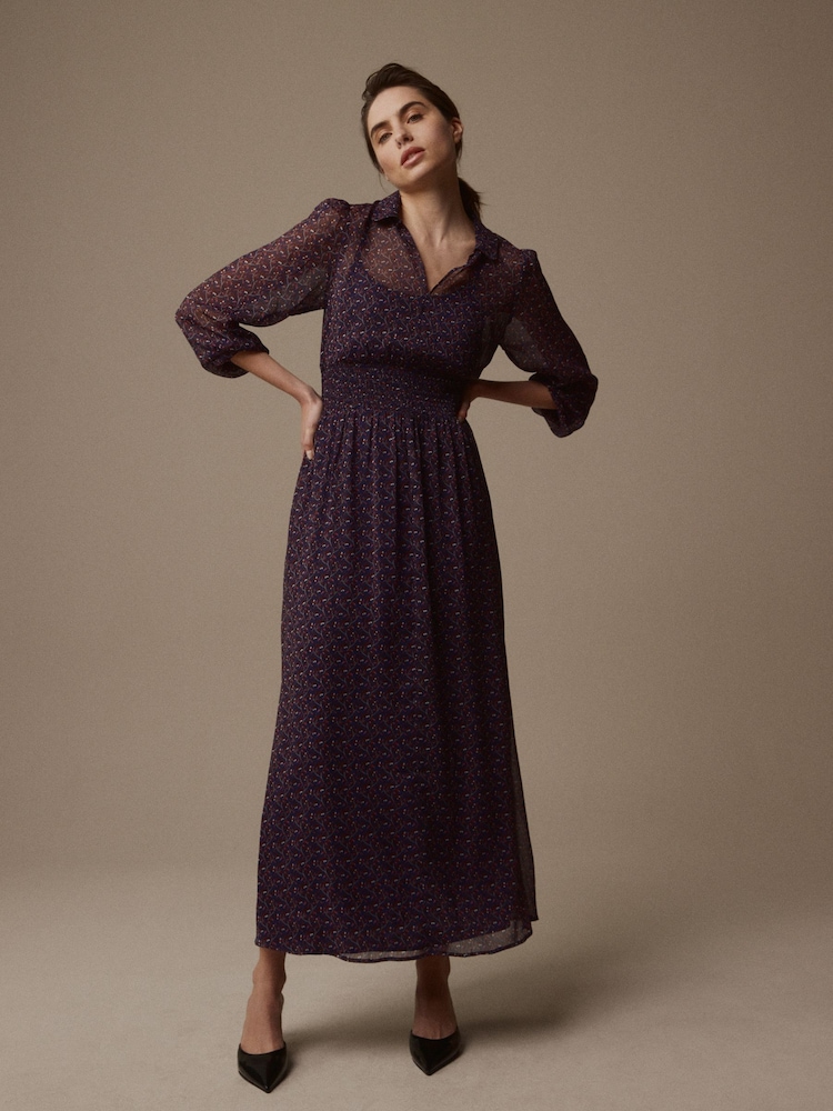 Laura Ashley Navy Cottam Cornflower Chiffon Midaxi Shirt Dress - Image 1 of 7
