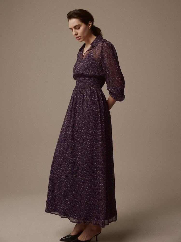 Laura Ashley Navy Cottam Cornflower Chiffon Midaxi Shirt Dress - Image 3 of 7