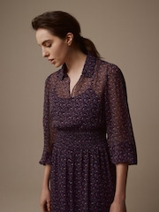 Laura Ashley Navy Cottam Cornflower Chiffon Midaxi Shirt Dress - Image 4 of 7
