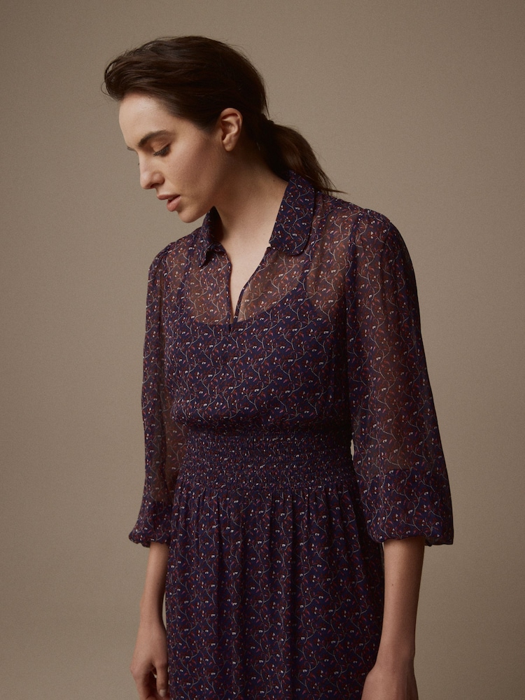Laura Ashley Navy Cottam Cornflower Chiffon Midaxi Shirt Dress - Image 4 of 7