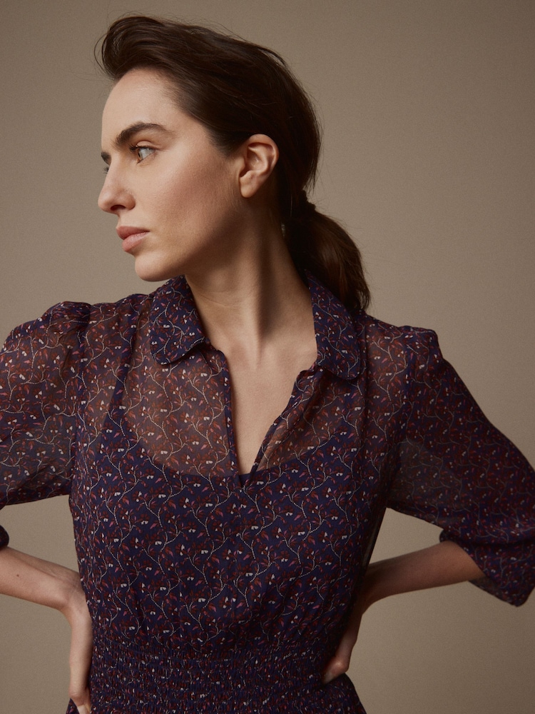 Laura Ashley Navy Cottam Cornflower Chiffon Midaxi Shirt Dress - Image 5 of 7