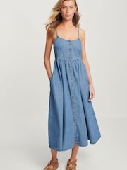 Mid Blue Button Through Midi Summer Dress - Image 1 of 6