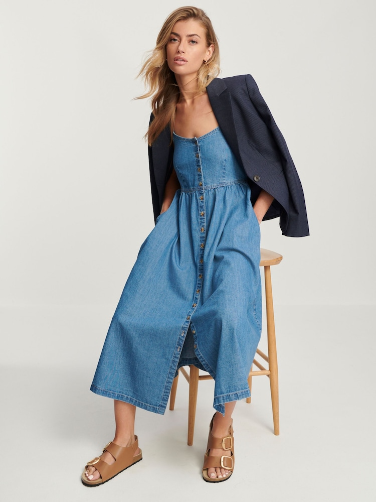 Mid Blue Button Through Midi Summer Dress - Image 2 of 6