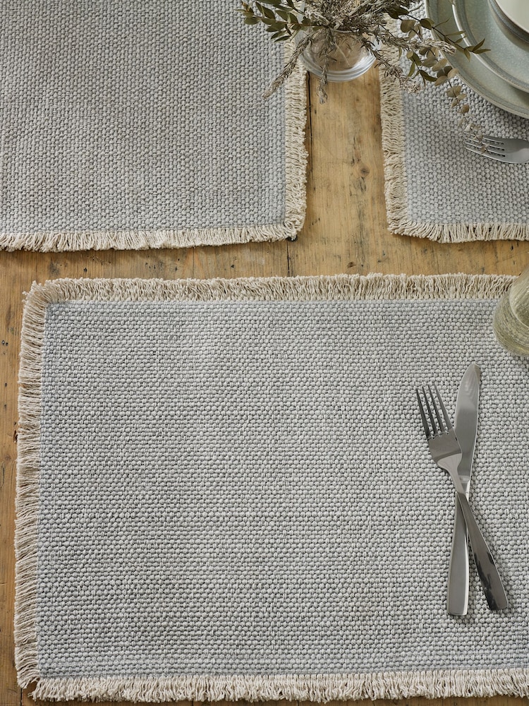 Set of 4 Grey Woven Fringe Edge 100% Cotton Fabric Placemats - Image 3 of 4