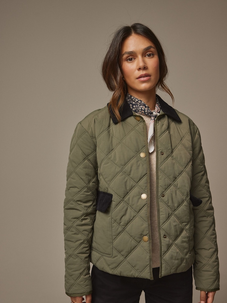 Laura Ashley Khaki Green Quilted Jacket with Cord Trims - Image 1 of 11 Laura Ashley Khaki Green Quilted Jacket with Cord Trims - Image 1 of 11