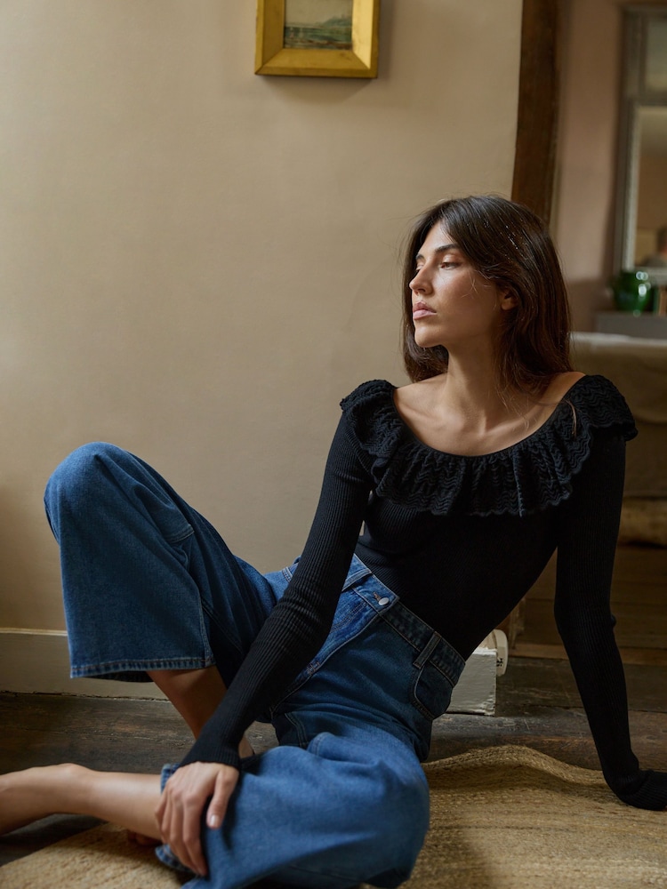 Laura Ashley Black Frill Knit Rib Top - Image 1 of 7