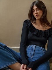 Laura Ashley Black Frill Knit Rib Top - Image 2 of 7