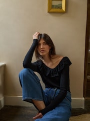 Laura Ashley Black Frill Knit Rib Top - Image 3 of 7