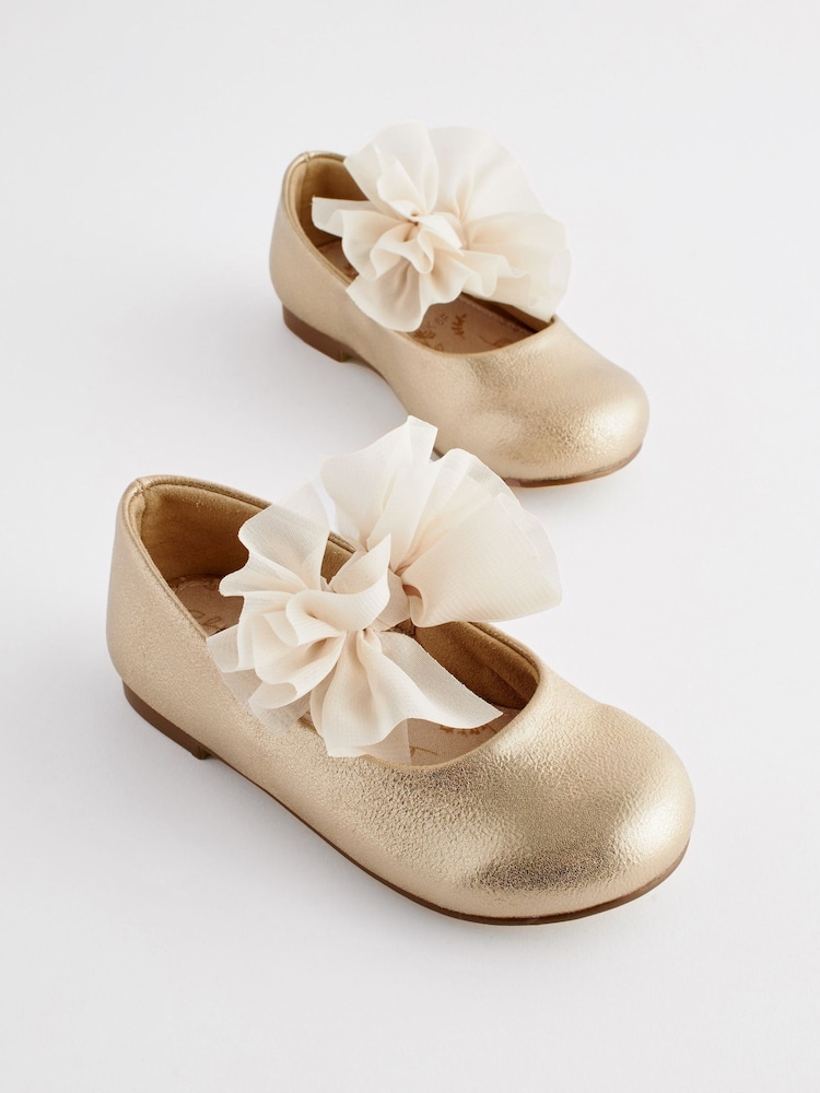 Gold Wide Fit (G) Mary Jane Flower Girl Bow Occasion Shoes - Image 1 of 6
