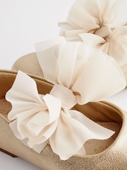 Gold Wide Fit (G) Mary Jane Flower Girl Bow Occasion Shoes - Image 5 of 6