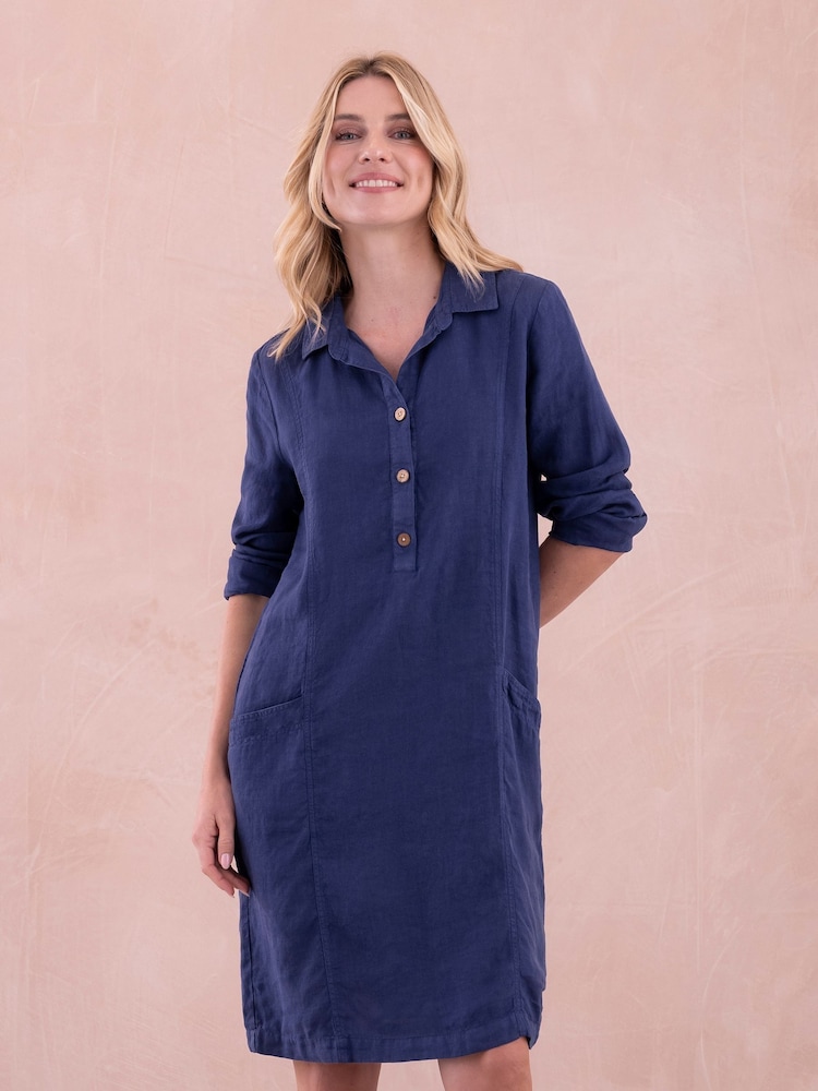 Celtic & Co. Blue Linen Half Placket Knee Length Jumpsuit - Image 1 of 10