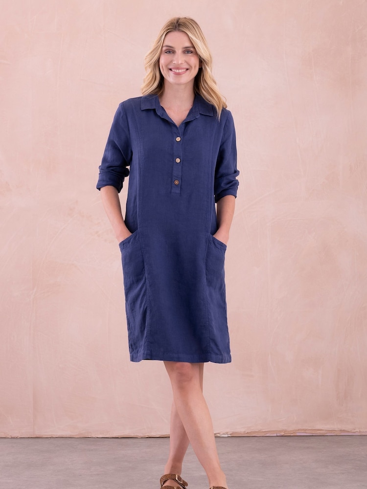 Celtic & Co. Blue Linen Half Placket Knee Length Jumpsuit - Image 2 of 10