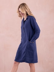 Celtic & Co. Blue Linen Half Placket Knee Length Jumpsuit - Image 3 of 10