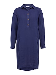 Celtic & Co. Blue Linen Half Placket Knee Length Jumpsuit - Image 4 of 10