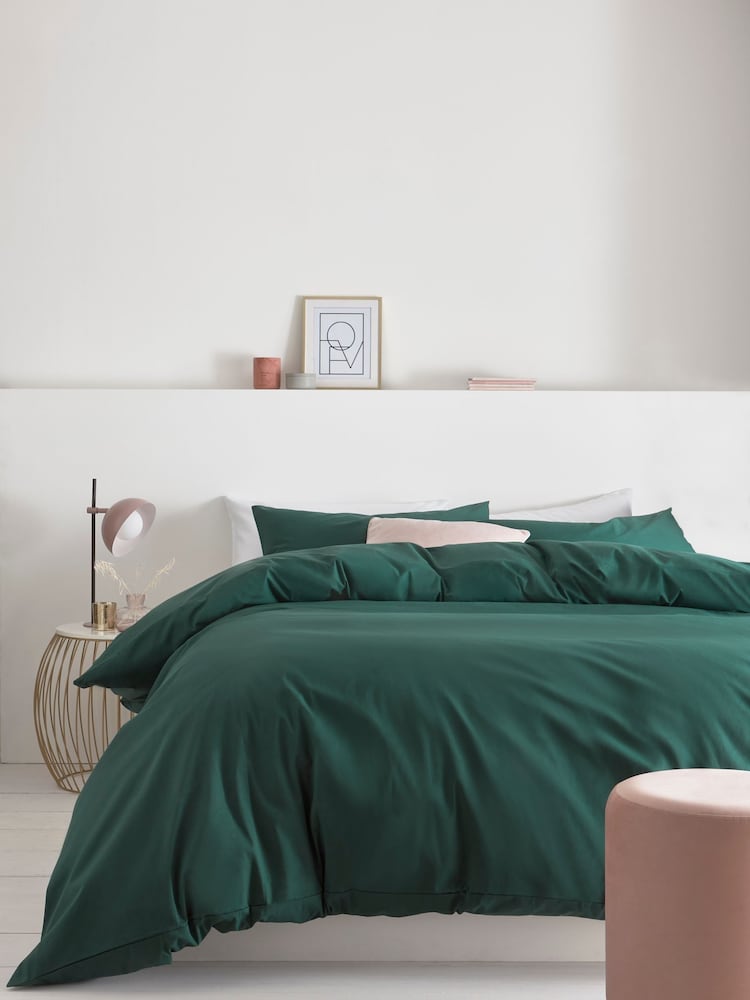 Green Dark Cotton Rich Plain Duvet Cover and Pillowcase Set - Image 1 of 4