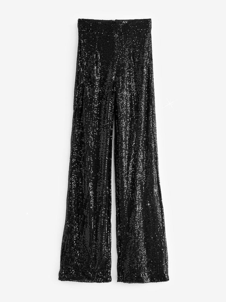 AX Paris Sequin Kick Flare High Waist Black Trousers - Image 5 of 5