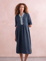Celtic & Co. Blue Linen Embroidered Short Sleeve Midi Dress - Image 1 of 6