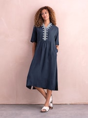 Celtic & Co. Blue Linen Embroidered Short Sleeve Midi Dress - Image 2 of 6