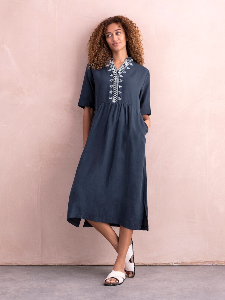 Celtic & Co. Blue Linen Embroidered Short Sleeve Midi Dress - Image 2 of 6