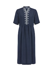 Celtic & Co. Blue Linen Embroidered Short Sleeve Midi Dress - Image 3 of 6