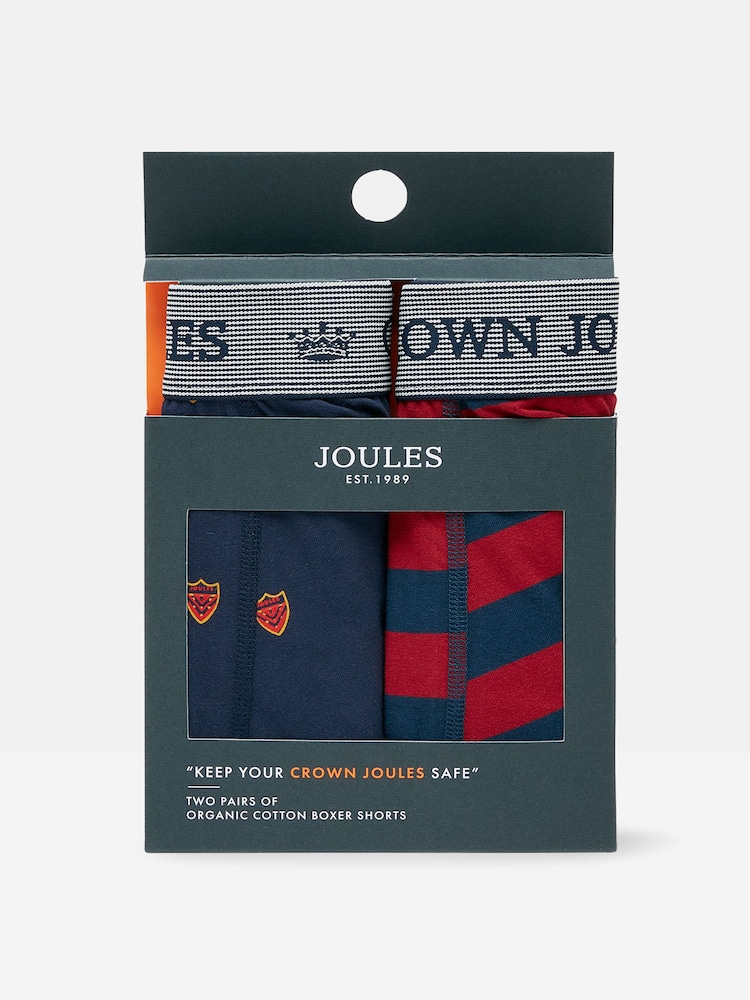 Joules Crown Joules Navy & Red Crest Pack of Two Cotton Boxers - Image 1 of 4 Joules Crown Joules Navy & Red Crest Pack of Two Cotton Boxers - Image 1 of 4