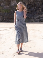 Celtic & Co. Blue Printed Linen Sleeveless Midi Dress - Image 1 of 7