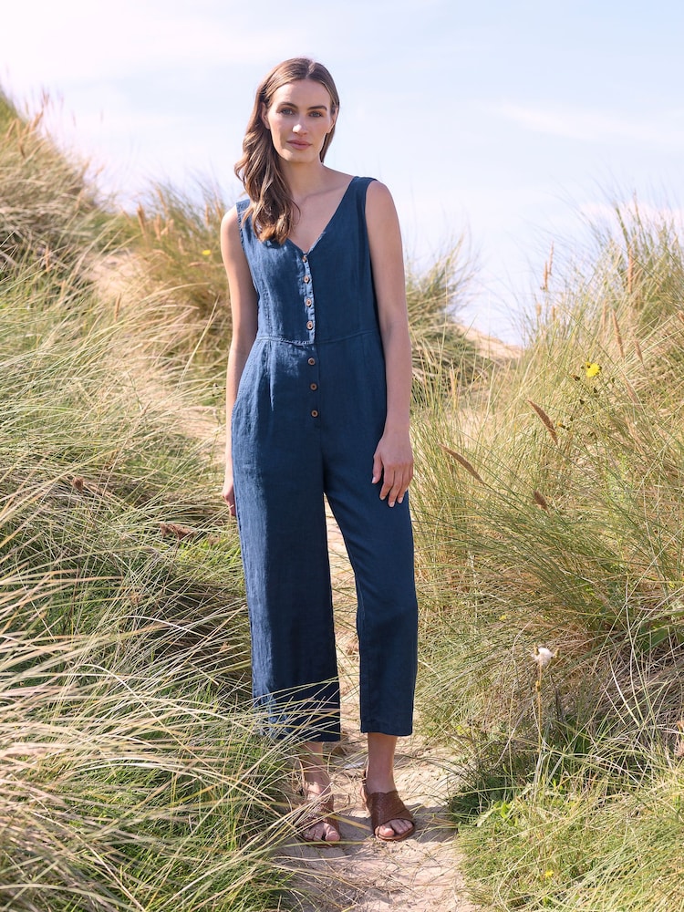 Celtic & Co. Blue Linen V Neck Sleeveless Jumpsuit - Image 1 of 8