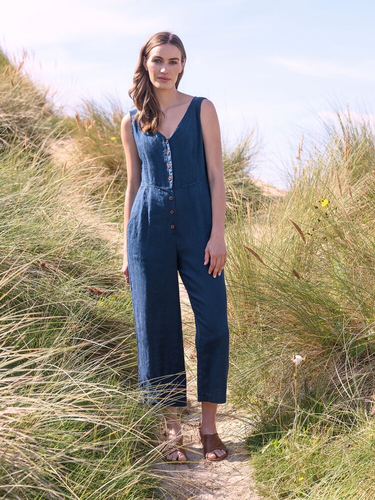 Celtic & Co. Blue Linen V Neck Sleeveless Jumpsuit - Image 1 of 8 Celtic & Co. Blue Linen V Neck Sleeveless Jumpsuit - Image 1 of 8