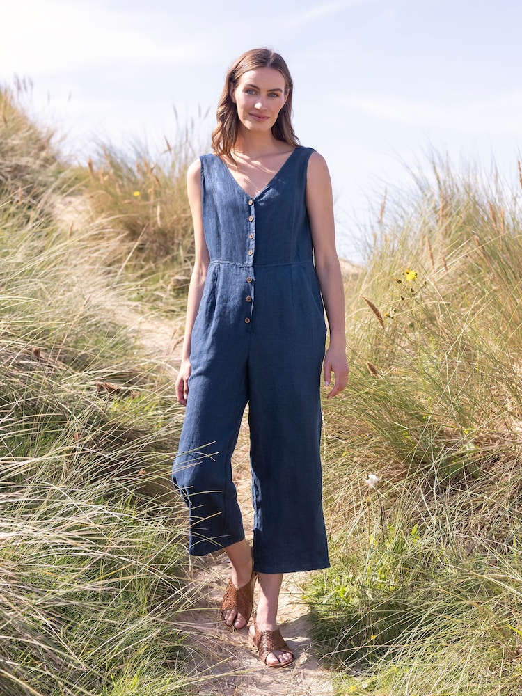 Celtic & Co. Blue Linen V Neck Sleeveless Jumpsuit - Image 2 of 8