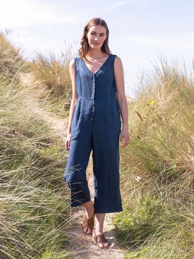 Celtic & Co. Blue Linen V Neck Sleeveless Jumpsuit - Image 2 of 8 Celtic & Co. Blue Linen V Neck Sleeveless Jumpsuit - Image 2 of 8