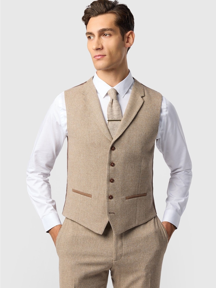 Antique Rogue Natural Slim Fit Herringbone Tweed Waistcoat - Image 1 of 2