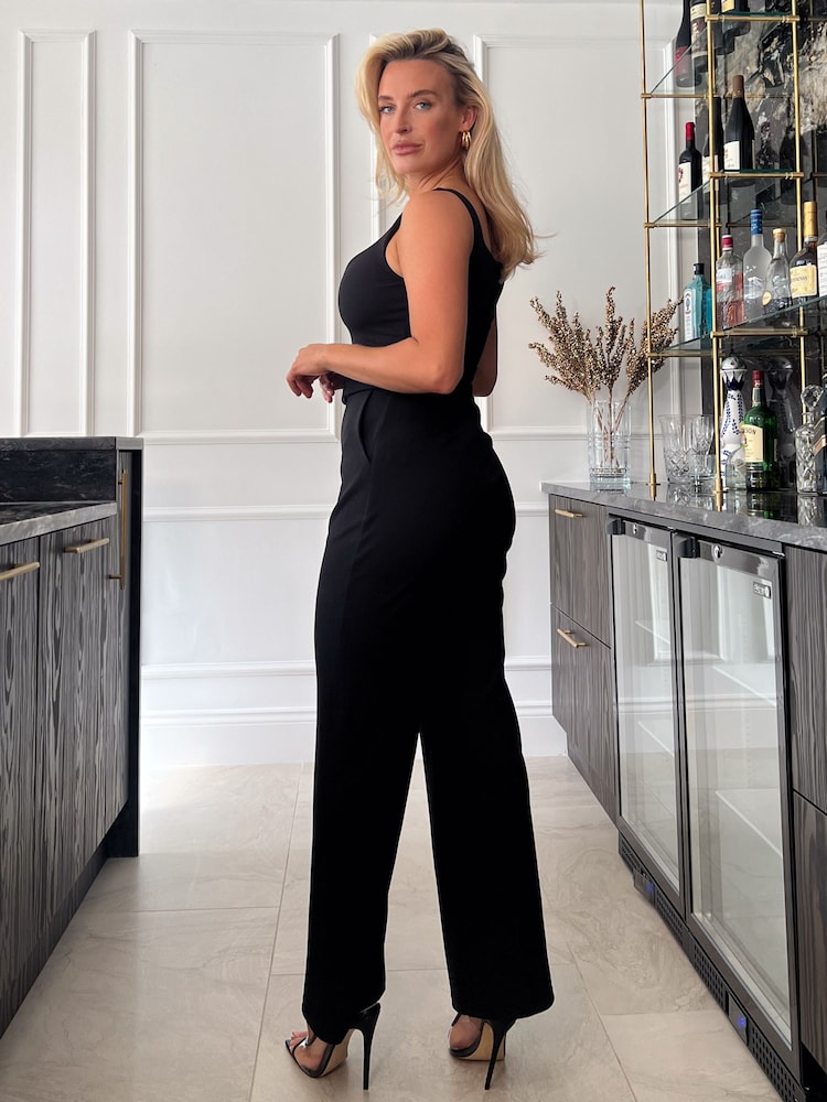 Girl In Mind Black Matilda Plunge Neck Wide Leg Belted Jumpsuit - Image 2 of 4