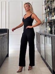 Girl In Mind Black Matilda Plunge Neck Wide Leg Belted Jumpsuit - Image 3 of 4