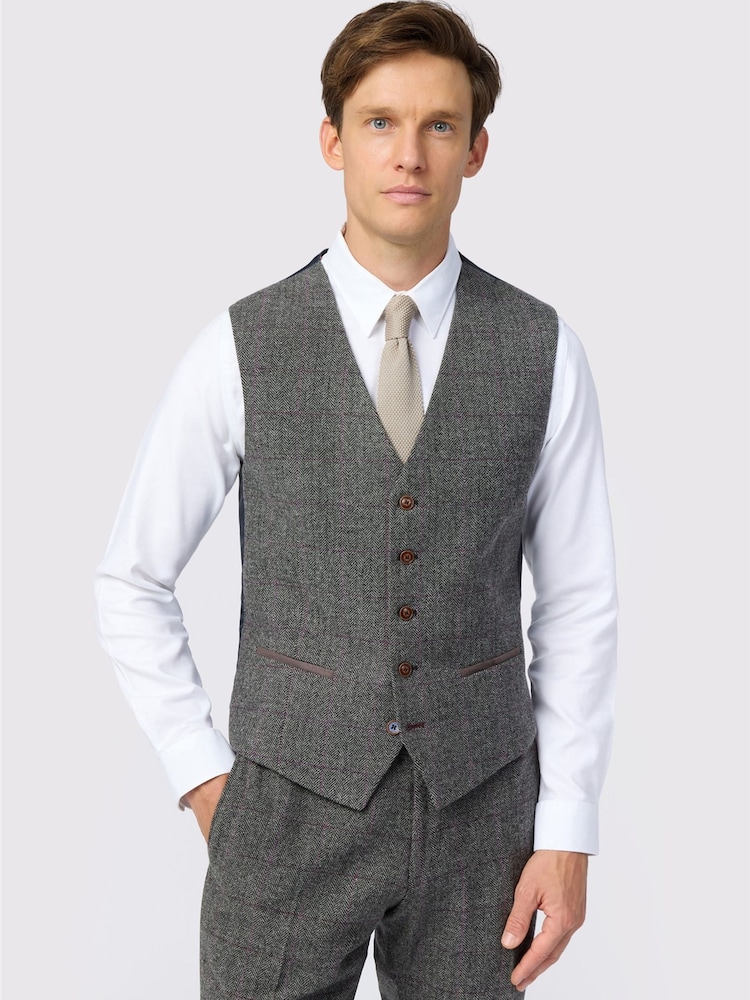 Antique Rogue Grey Tailored Fit Jace Berry Tweed Waistcoat - Image 1 of 2 Antique Rogue Grey Tailored Fit Jace Berry Tweed Waistcoat - Image 1 of 2