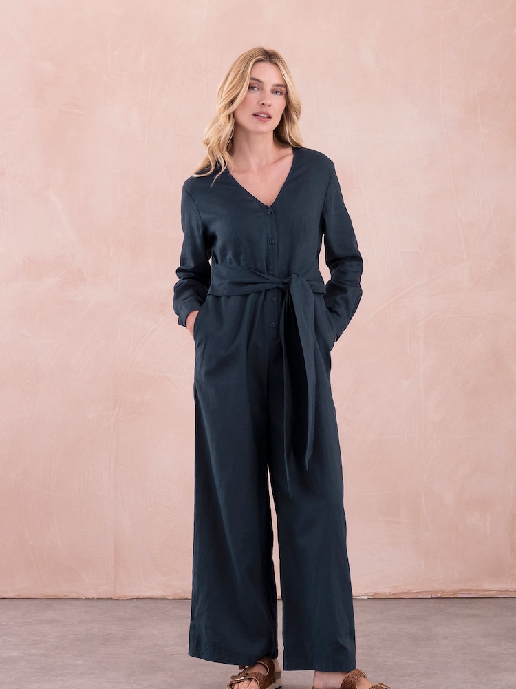 Celtic & Co. Blue Linen Tie Waist Jumpsuit - Image 1 of 9