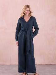 Celtic & Co. Blue Linen Tie Waist Jumpsuit - Image 2 of 9