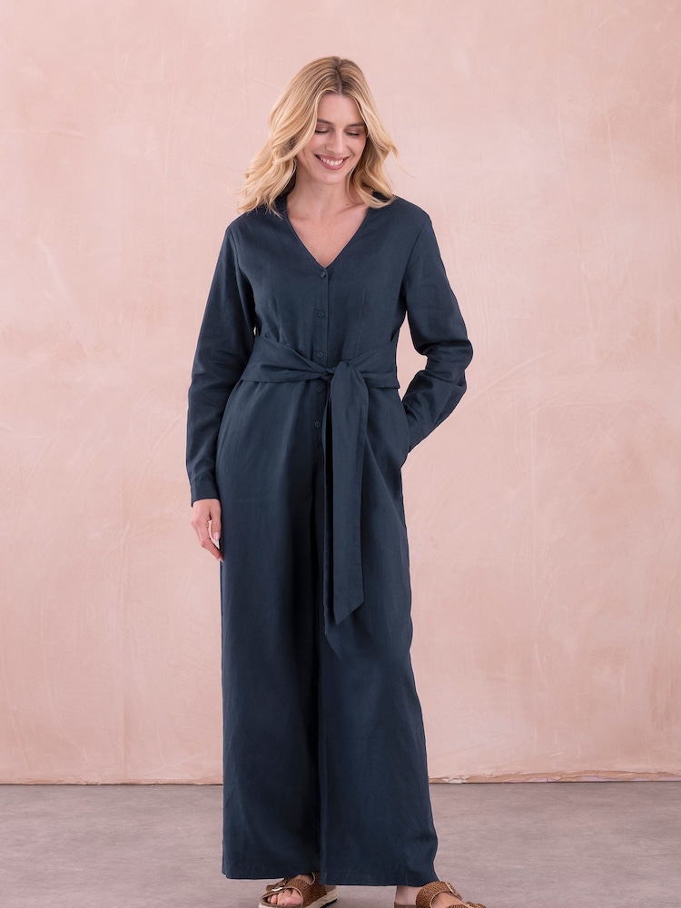 Celtic & Co. Blue Linen Tie Waist Jumpsuit - Image 2 of 9